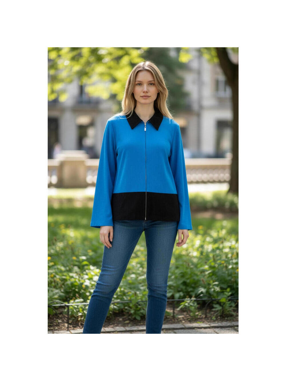 Elementz Jacket Womens XL Blue Black Zip Front Long Sleeve Colorblock Collared